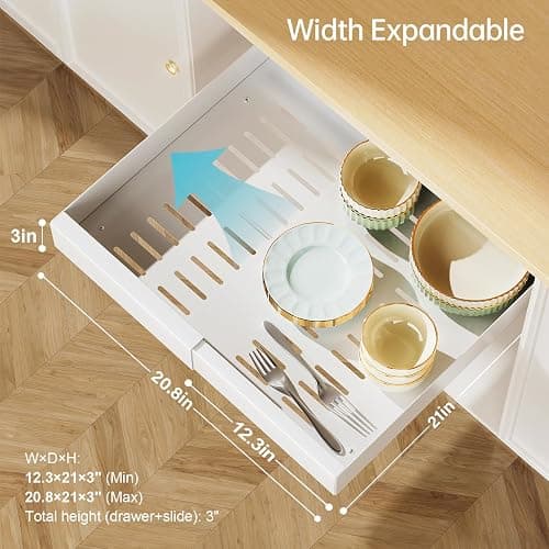 Delamu 21" Deep Pull Out Cabinet Organizer, Expandable (12.3 "-20.8" W) Pull Out Drawers for Cabinets, Expandable Slide Out Drawers for Kitchen, Cabinets, Bathroom, Pantry Storage, White, 2 Pack thumbnail 2