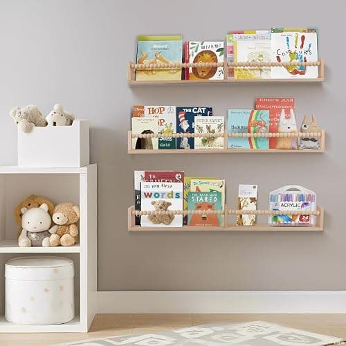 birola Nursery Book Shelves for Kids Rooms - 32 Inches Floating Wall Bookshelves Set of 3, Space-Saving Nursery Shelves with Beads Design for Kids Room, Bedroom and Study Room(Natural) thumbnail 6