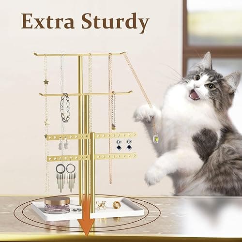 Jewelry Stand Organizer, 32cm Tall Sturdy Metal, 3-Tier Jewelry Holder for Necklace, Earring, Bracelet, Ring, Hanger for Display and Storage, Aesthetic Room Decor, Gold Jewlery Stand with White Tray thumbnail 5