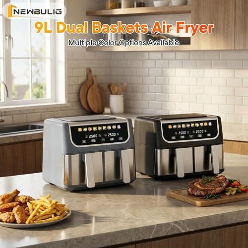 NEWBULIG Dual Air Fryer with 2 Baskets 9.5 QT, 10 in 1 Large Air Fryers with Ceramic Crisper Plate, Match Cook, Sync Finish, Shake Reminder, 80-450°F Wide Temp, Roast, Defrost, Dehydrate, Bake, Black thumbnail 2
