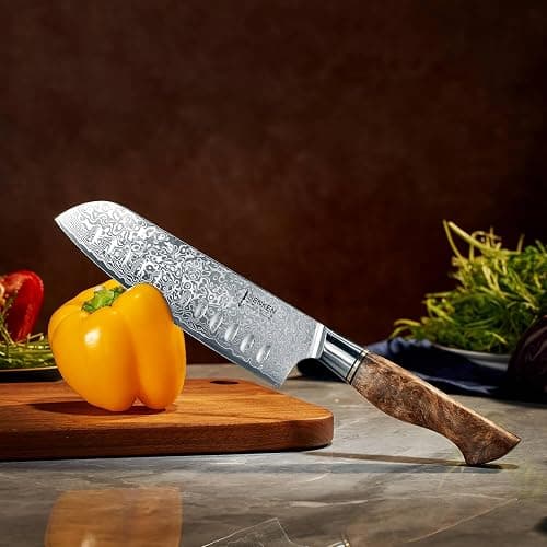 SENKEN 7-Piece Damascus Kitchen Knife Set - Dynasty Collection - 67-Layer Japanese VG10 Steel with Sycamore Wood Handles, Chef's Knife, Cleaver, Bread, Santoku, Boning, & More thumbnail 9