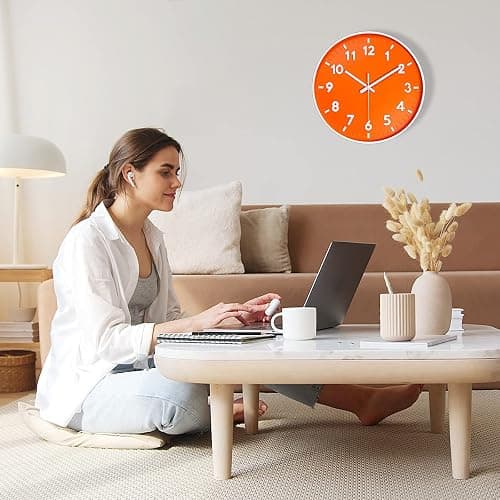 JENLYSTIME 12 Inch 3D Number Modern Indoor/Outdoor Wall Clock,Round Bright Colorful Dial,Non Ticking Silent Quartz Battery Operated, Easy to Read Simple Style Decor Clock for Bedroom,Kitchen(Orange) thumbnail 2