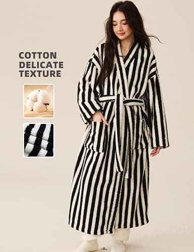 Arssm Womens Striped Fluffy Robe Long Plush Bathrobes Fuzzy Warm Cozy Thick Oversized Loungewear Maxi Robe thumbnail 4