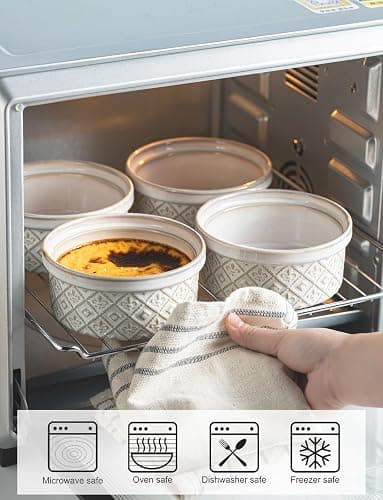 MISSYSSIM 12 oz Souffle Ramekins Oven Safe with Lids, Small Creme Brulee Dishes, Ceramic Custard Cups Baking Bowls for Dessert, Dipping Sauce, Pudding, Set of 4, Beige thumbnail 6