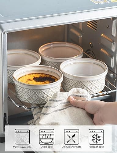 MISSYSSIM 12 oz Souffle Ramekins Oven Safe with Lids, Small Creme Brulee Dishes, Ceramic Custard Cups Baking Bowls for Dessert, Dipping Sauce, Pudding, Set of 4, Beige thumbnail 7