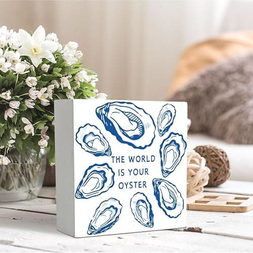 OVAcational Coastal Beach Oyster Wooden Box Sign Desk Decor, Ocean Room Decor, Nautical Oyster Shell Wood Block Sign for Beach House Bedroom Desk Table Shelf Wall Decorations, 5x5 Inch thumbnail 6
