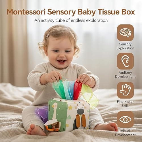 Youuys Baby Tissue Box Toy for Babies 6-12 Months, Montessori Sensory Toys for 1 Year Old Boy, Infant Toy with Crinkle Tissues & Fine Motor, for 6 9 12 18 Months Old Kids 1st Birthday thumbnail 4