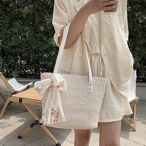 QTKJ Women Large Straw Beach Tote Bag Summer Hand-woven Bags Shoulder Bag Leather Handle Beach Handbags with Cute Lace Bow Small (White) thumbnail 7