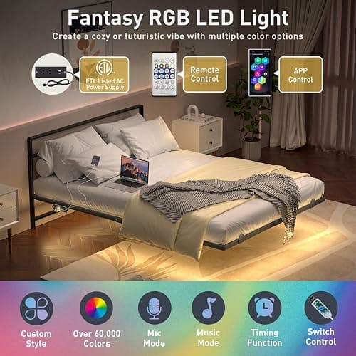 Full Floating Bed Frame with Headboard, Modern Platform Bed Frame with LED Lights and USB Charging Station, Sturdy Metal Bed Frame for Adults, No Box Spring Needed, Easy Assembly, Noise Free Design thumbnail 3