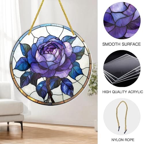 Cafemira Acrylic Wall Accents,Stained Glass of a Purples Rose,Shatterproof Acrylic Wall Hangings,Round Artwork,Home Decor for White Walls,Make Your Space More Personalized,12x12 inch Easy to Hang thumbnail 5