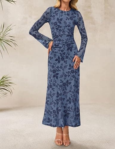 ZESICA Women's Long Sleeve Floral Bodycon Dress 2025 Fall Fashion Ruched Mesh Wedding Guest Cocktail Party Maxi Dresses thumbnail 3