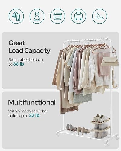 SONGMICS Clothes Rack with Wheels, 35.8 Inch Garment Rack, Clothing Rack for Hanging Clothes, with Dense Mesh Storage Shelf, 110 lb Load Capacity, 2 Brakes, Steel Frame, White UHSR025W01 thumbnail 4