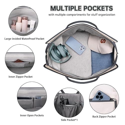 ETRONIK Weekender Overnight Bag for Women, Large Travel Duffle Bag with Shoe Compartment & Wet Pocket, Carry On Tote Bag Gym Duffel Bag with Toiletry Bag, 3 Pcs Set, Large Size, Dark Grey-Beige thumbnail 4