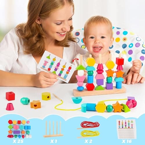Montessori Wooden Beads Sequencing Toy Set, Stacking Blocks & Lacing Beads & Matching Shape Stacker for 2 3 4 5 Year Old STEM Preschool Learning Montessori Toys Gifts for Kids Boy Girl Toddler thumbnail 3