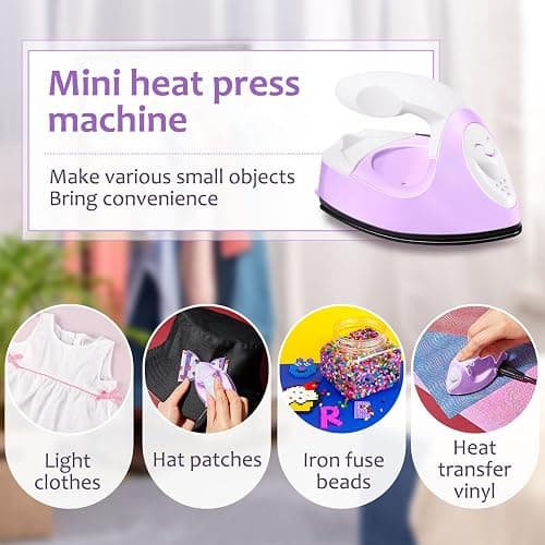 Honoson Mini Craft Iron Mini Heat Press Small Iron 3.93 x 2.36 x 2.76 in Portable Handy Tiny Flatiron with Charging Base Accessory for Fuse Bead Patch DIY Heat Transfer Vinyl(Light Purple) thumbnail 5