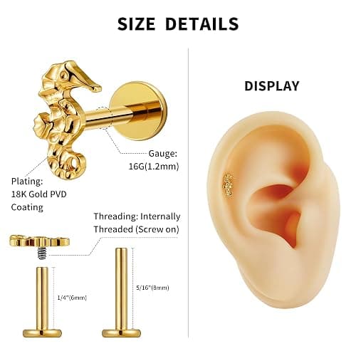 FINE4U 1PC 16G ASTM F136 Titanium Octopuses Piercings Jewelry with 6mm 8mm Post for Conch Helix Flat Labret 16G 6mm 8mm - Seahorses- Gold thumbnail 2
