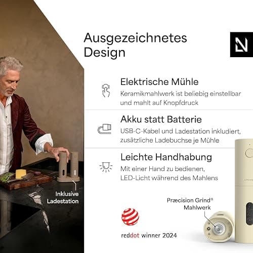 LARS NYSØM Salz und Pfeffer Mühle Elektrisch 2er Set mit einstellbarem Keramik-Mahlwerk von grob bis fein I Design Gewürzmühlenset Automatisch (2 Stück, Buttercream) thumbnail 2