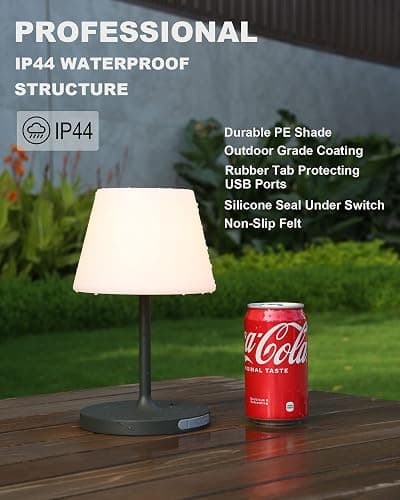 WEILAILUX Outdoor Battery Operated Table Lamp Waterproof, 4000mAh Cordless Table Lamp Rechargeable, Touch Dimmable Desk Lamp, LED Night Light for Patio Camping Restaurant Home, H9.6in, Dark Grey thumbnail 3