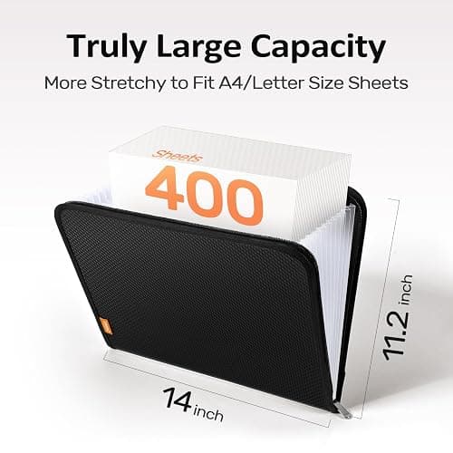 Sooez 13 Pocket Accordion File Organizer, Zipper Expanding File Folder Organizer, Reinforced Plastic Accordion Folder, A4 Letter Size, Portable Folders for Documents, Black thumbnail 3