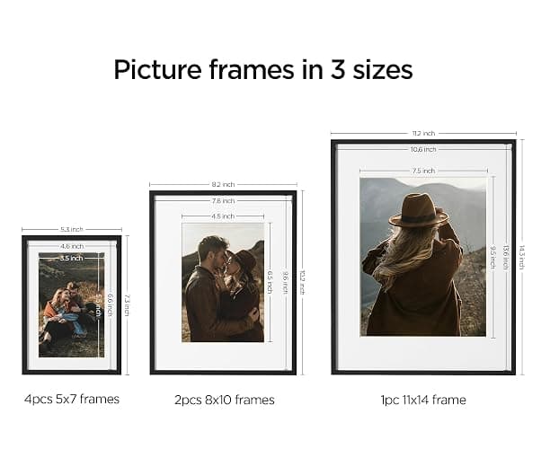 eletecpro Aluminum Gallery Wall Frame Set of 7, Including 1Pc 11x14, 2Pcs 8x10, 4Pcs 5x7 Photo Frames for Wall or Tabletop Display, Multiple Sizes Picture Frames Collage Wall Decor, Black thumbnail 5
