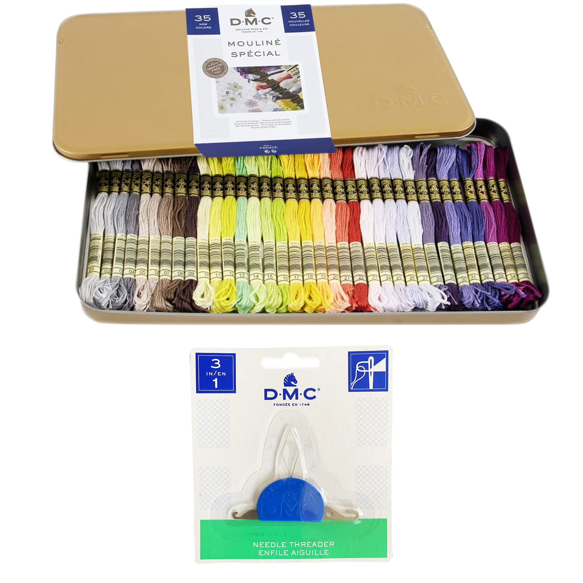DMC Embroidery Floss Pack,35 Colors Assortment with Collector Tin,DMC Embroidery Thread Kit Bundle with DMC Needle Threader. Cotton Cross Stitch Supplies. Premium Quality String,Pastel Yarn Set. - Image 1