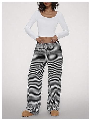WDIRARA Women's Striped Drawstring Elastic Waist Pants Wide Leg Loose Lounge Pants thumbnail 6