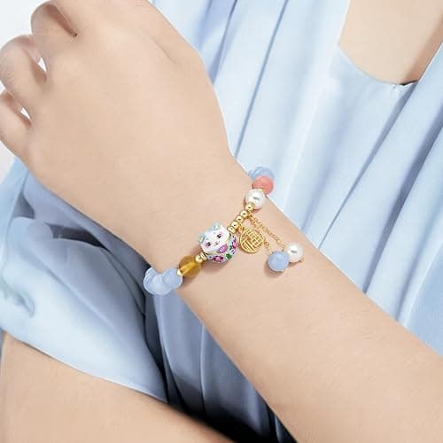 Sereney Lucky Bracelets for Women as Healing Crystal Protection Bracelets, Cat Aquamarine Bracelet for Girls as Cat Gifts, Red Agate Bead Bracelet for Protection as Feng Shui Gifts thumbnail 2