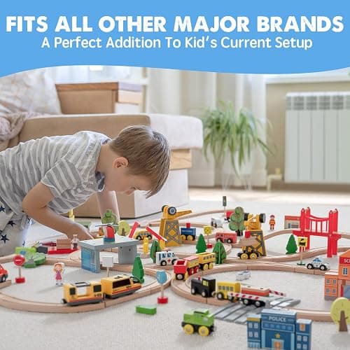 Tiny Land 55PCS Wooden Train Set - Compatible with Major Brand Tracks, Educational Toy for Toddlers & Kids Ages 3-7, Durable Wooden Railway Tracks thumbnail 6