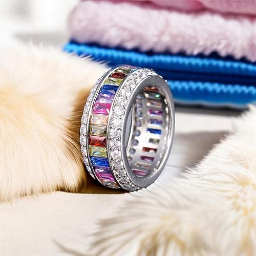 Hermosa Silver Ring for Women Wide, Multicolor Band Baguette Gemstone Rings, Silver Knuckle Women Rings Set Jewelry Size 6-12 thumbnail 4