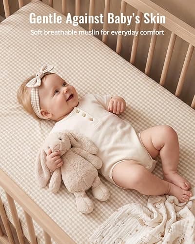 Blissful Diary Muslin Crib Sheets, 2 Pack, Beige Gingham & Brown Gingham | fitted for 52''x28'' crib mattress, soft and breathable cotton, boho style, easy care for machine wash, gift for boy and girl thumbnail 4