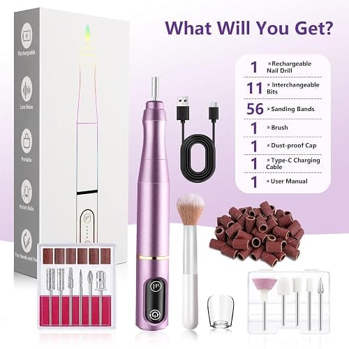 TUOBEO Cordless Nail Drill Electric Nail File Kit Rechargeable Professional Efile Nail Set, Portable Acrylic Gel Nail Polish Remover Machine Pedicure Manicure Tool, 11 Bits 56 Sanding Bands Salon Home - Purple thumbnail 8