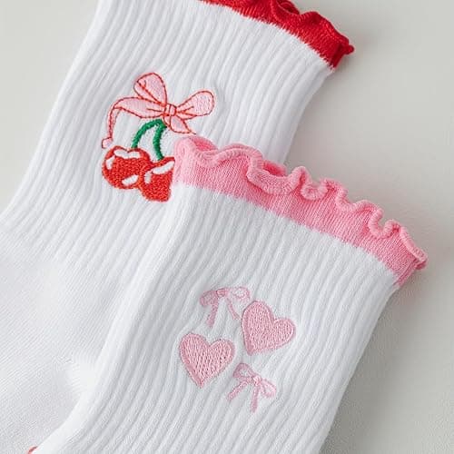 Puedizux Women Cute Pilates Socks Grip Crew Yoga Socks Ruffle Cuff Embroidery Pattern Workout Ballet Socks thumbnail 6