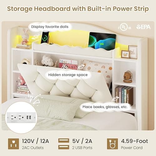DICTAC Twin Size Bed Frame for Kids with Storage Drawers, Bookcase Headboard, LED Lights and Power Outlets, Diamond Tufted Velvet Upholstered Princess Platform Bed, Heavy-Duty Metal Support, Beige thumbnail 3
