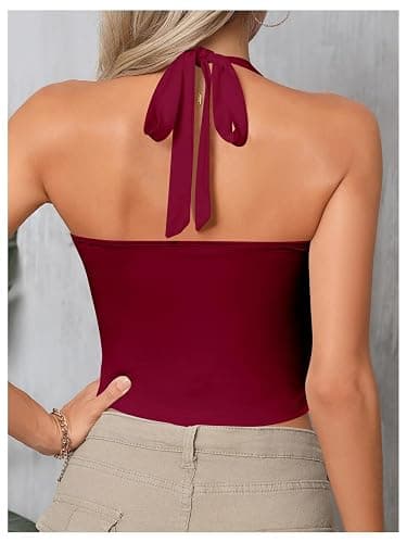 SOLY HUX Women's Ruched Halter Y2K Crop Tops Tie Back Sleeveless Slim Fit Cami Tops - X-Small - Solid Burgundy thumbnail 6