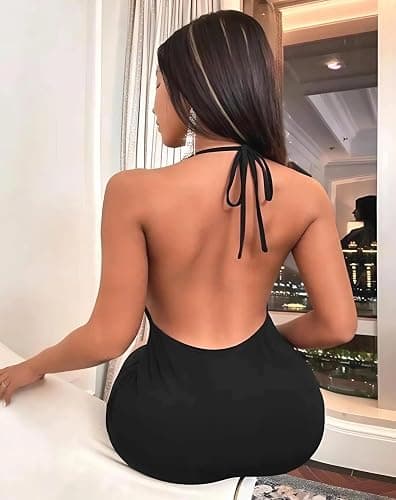 AMABILEMIA Robe Sexy Femme Noir Mini Robe Élégante d'Été Robe Courte de Soirée Sans Manches Mini-Robe Moulante d'Été Casual Discothèque Cocktail AM086 thumbnail 4