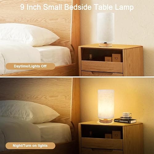 Small Bedside Table Lamp for Bedroom set of 2,Minimalist Wood Base & Round Fabric Shade,Mini Cute Cozy Warm Nightstand Boho Lamp set, Study Desk Night Stand Light for Room, Dorm,Nursery,Living Room thumbnail 5
