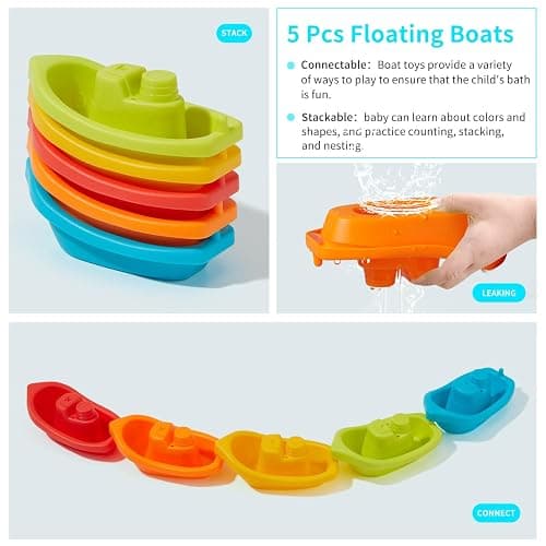 Baby Bath Toys for Toddlers, 15 PCS Mold Free Bathtub Water Play Toys with Floating Boats Spoons and Silicone Sensory Bath Toys, Water Table & Pool Toys for Babies and Toddlers - 15PCS Rainbow Color Boat & Silicone thumbnail 5