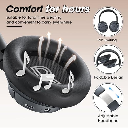BERIBES Upgraded Hybrid Active Noise Cancelling Headphones with Transparent Modes,70H Playtime Bluetooth Headphones Wireless Bluetooth with Mic, Deep Bass,3.5MM Cable,Soft-Earpads,Fast Charging-Black thumbnail 2