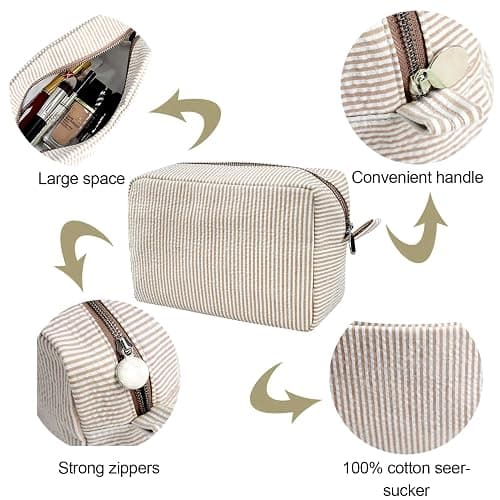 GFU Cosmetic Bags for Women, Seersucker Cosmetic Bag, Travel Toiletry Stripe Makeup Bag, Large Women Aesthetic Organizer Storage Pouch, Girls Handbags Purses, brown thumbnail 3