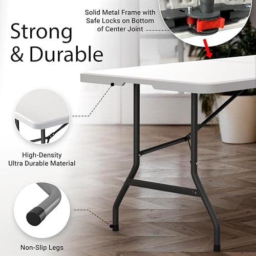 6 Feet Foldable Table with Built in Handle & Steel Legs | 6FT Heavy Duty Folding Portable | Perfect for Party, Dining, Wedding, Events, Picnic Indoor, Outdoor, Camping, Utility, Folding - 6 Foot thumbnail 4