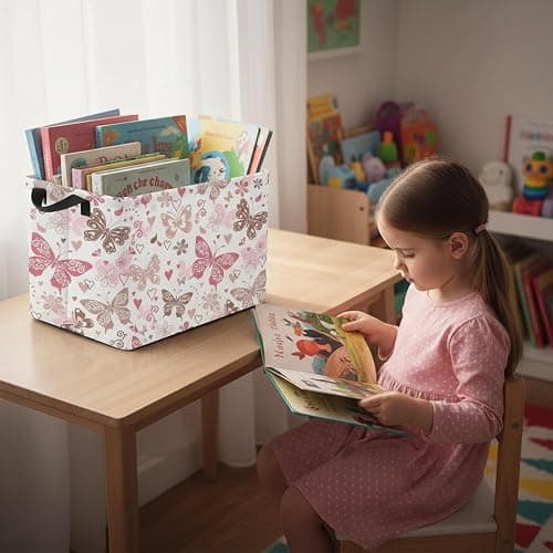 HEFEICZ Butterfly Basket – Adorable Kids Storage Bins, Perfect for Girls Room Organization & Decor, Cute & Functional Toy Box with Handles (Pink&Khaki) thumbnail 5