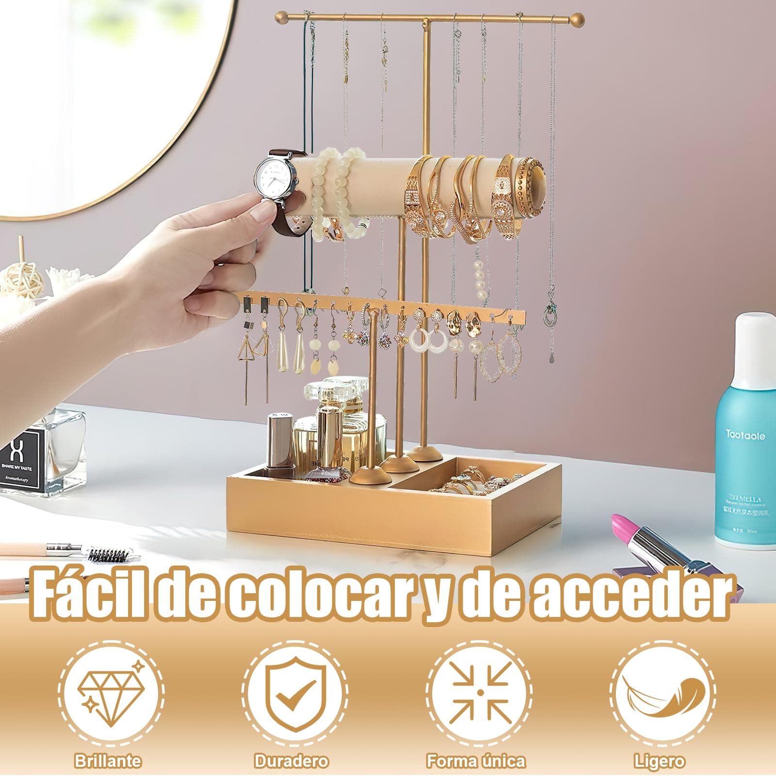 Organizador de Joyas de Metal, Estante de Joyas de 3 Niveles, Soporte para Joyas con en Forma de T para Arete, Pulseras, Relojes, Anillos, Collares, Oro thumbnail 4