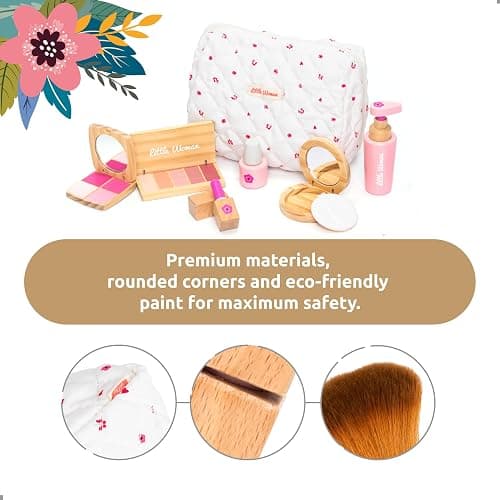 UMU® Wooden Pretend Makeup Kit for Toddlers – Realistic Toy Beauty Set for Girls with Lipstick, Mirror, Perfume, Powder & Cosmetic Bag – Play Makeup for Kids Ages 3 4 5 6 thumbnail 3