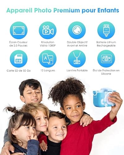 Appareil Photo Enfant Numérique, Jouet Fille 3-12 Ans, Rose, Double Objectif, Carte SD 32 Go, Étui en Silicone, Écran IPS 2,0 Pouces, Vidéo HD 1080p - Cadeau Fille de Noël et d'anniversaire (Bleu) thumbnail 2