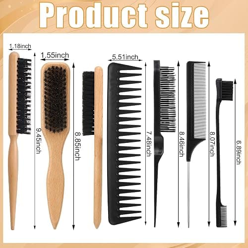 6PCS Boar Bristle Slick Back Hair Brush with Edge Brush Rat Tail Comb, Wide Tooth Comb for Men Women thumbnail 4