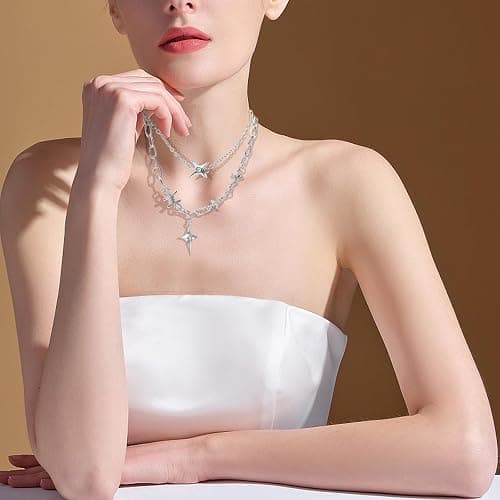Buyongwant Star Necklace for Women Irregular Y2k Pendant Four pointed Star Double Layer Chain Fashion Jewelry Silver thumbnail 6