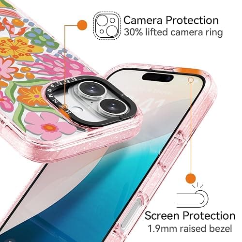 Rosarnnah Compatible for iPhone 16 Case Cute - Durable Shockproof 6.6 ft Drop Impact Phone Case - Glitter Pink Funny Passion Flower Design for iPhone 16 6.1" thumbnail 3