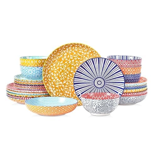 Selamica Ceramic Plates and Bowls Sets,24 Pieces Dinnerware Sets for 6,Scratch Resistant Dish Set for holiday gathering,Dishwasher & Microwave Safe, Assorted Colors - Image 1