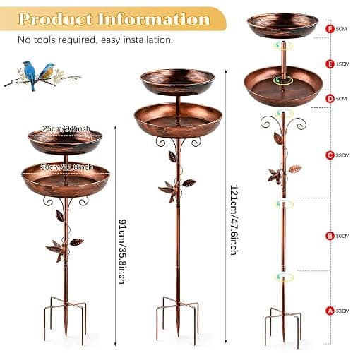 Metal Bird Bath for Outside, 47'' Adjustable Standing Bird Feeder for Outdoors, 2 in 1 Metal Birdbaths & Birdfeeder, Vintage Bird Bath Feeder Bowl, Bird Baths Water Bowl with Stable 5-Pronged Base thumbnail 2