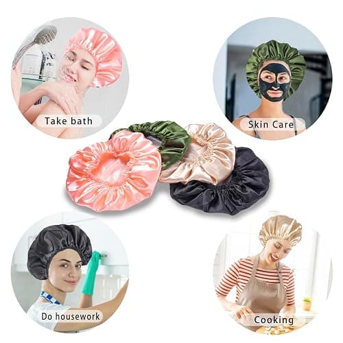 Shower Caps for Women, 4 PCS Elastic and Reusable Bath Caps, Double Layers Shower Cap Reusable Waterproof, Bathing Shower Caps, Environmental Bath Hair Protection Cap - Solid Color B thumbnail 6